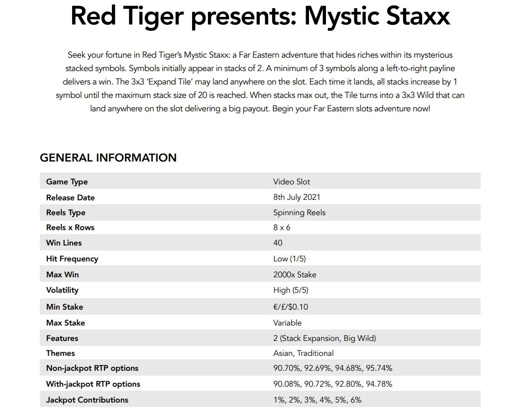 Tabela de pagamentos oficial do Mystic Staxx com versões de RTP de 90,70% a 95,74%